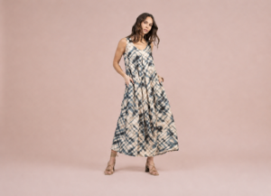 Femme portant une robe longue tie and dye élégante de prêt-à-porter féminin chez Lépingle à Salernes